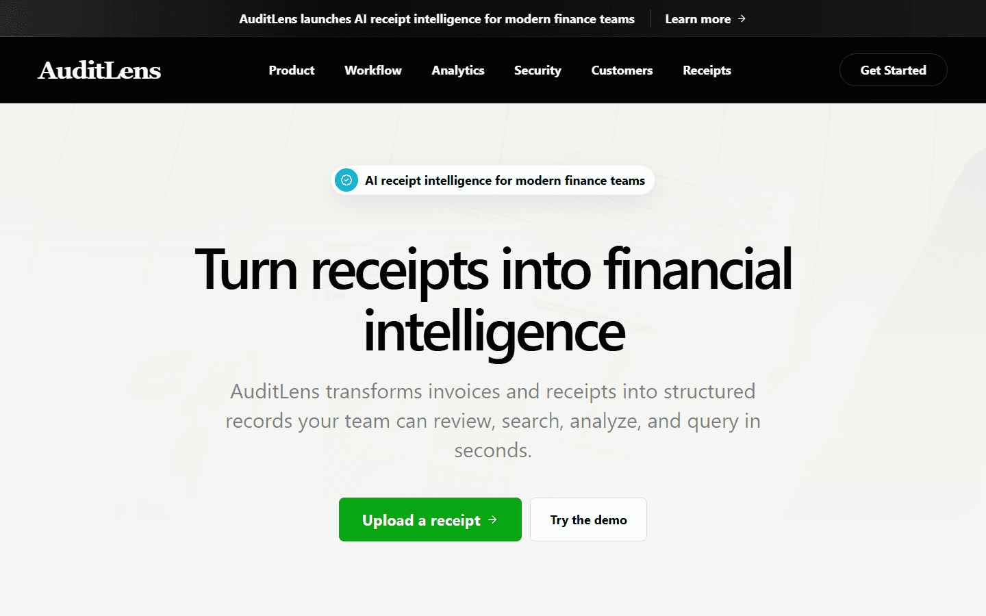 Audit Lens AI live site hero for receipt intelligence and finance workflows.