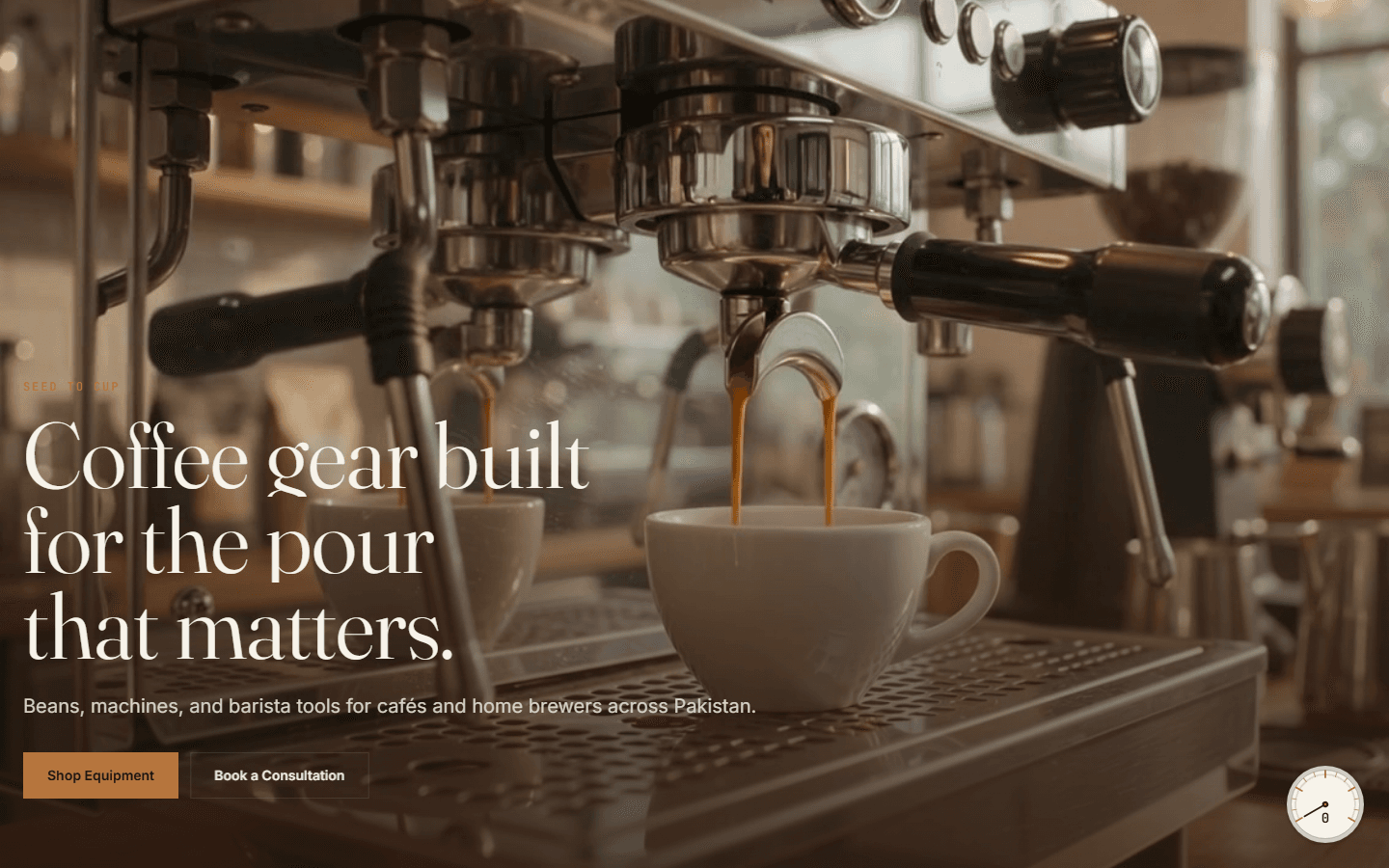 Caffeine Dealer live site hero showing espresso equipment and commerce calls to action.