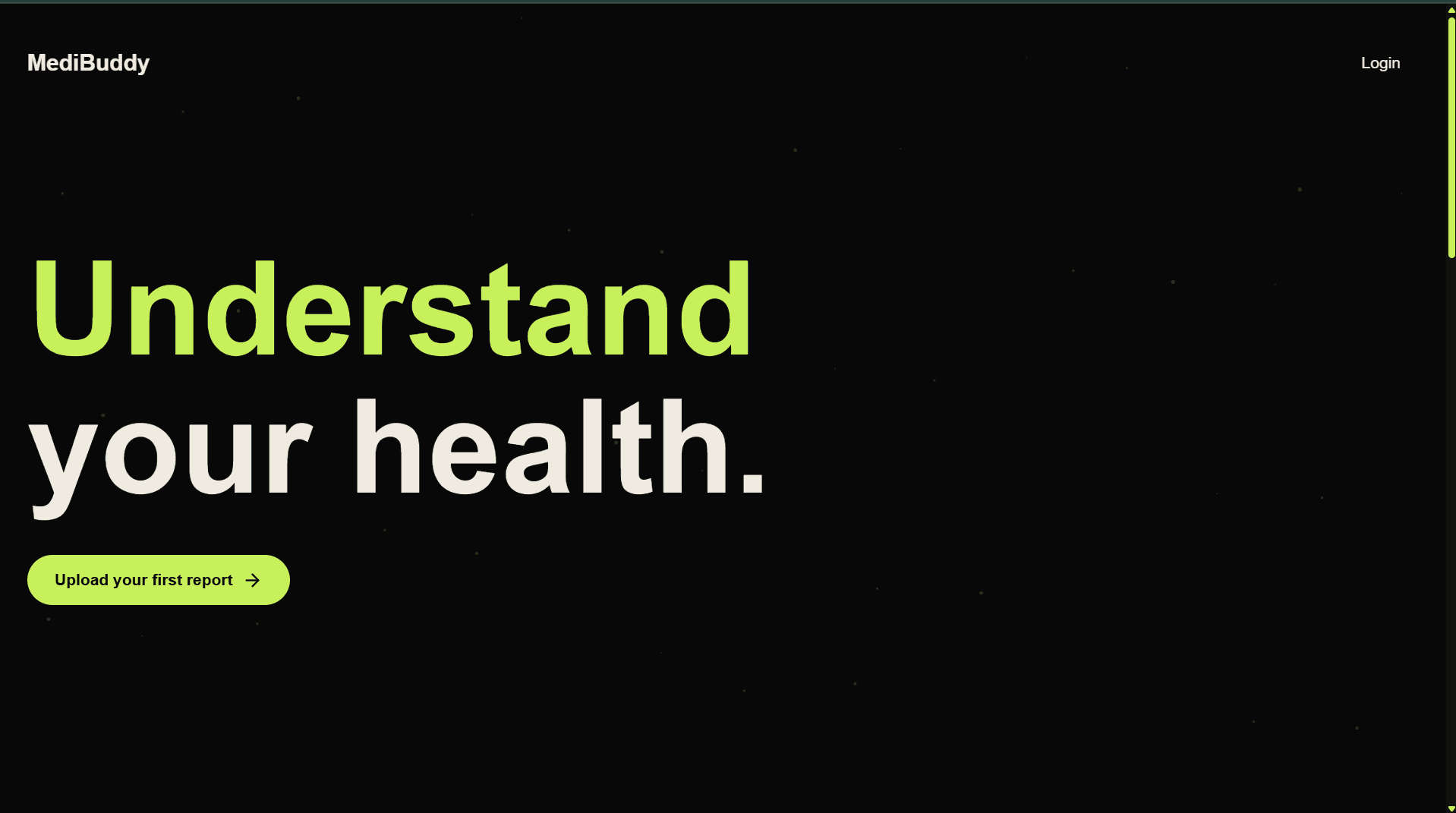 MediBuddy live site hero reading Understand your health with an upload report call to action.